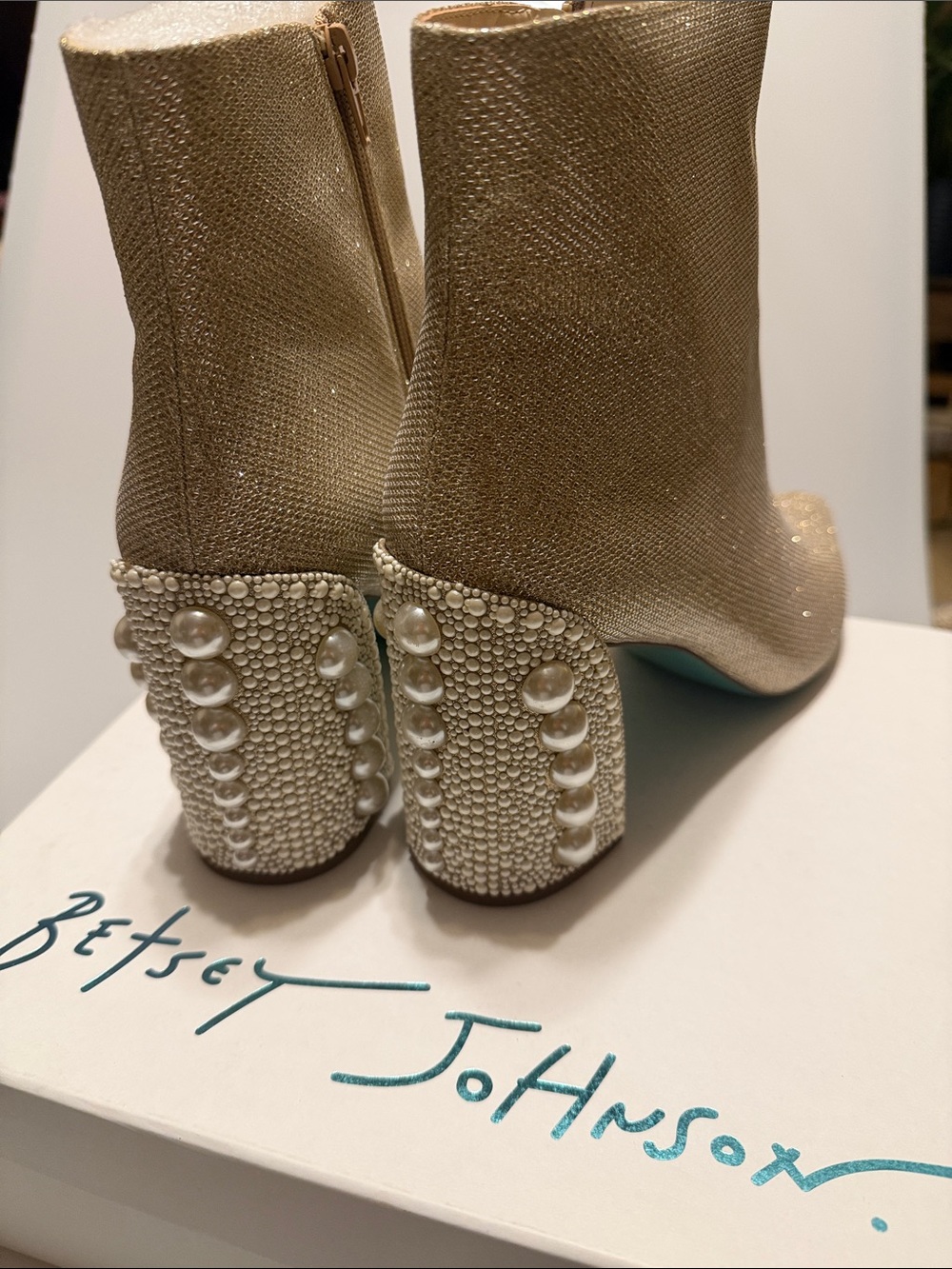 Betsey Johnson Gold Metallic Pearl-Embellished Block Heel Ankle Boots